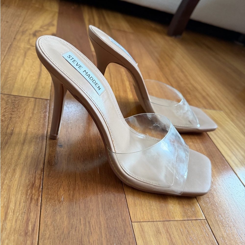 Steve Madden Signal Nude Clear Strap High Heel Mules